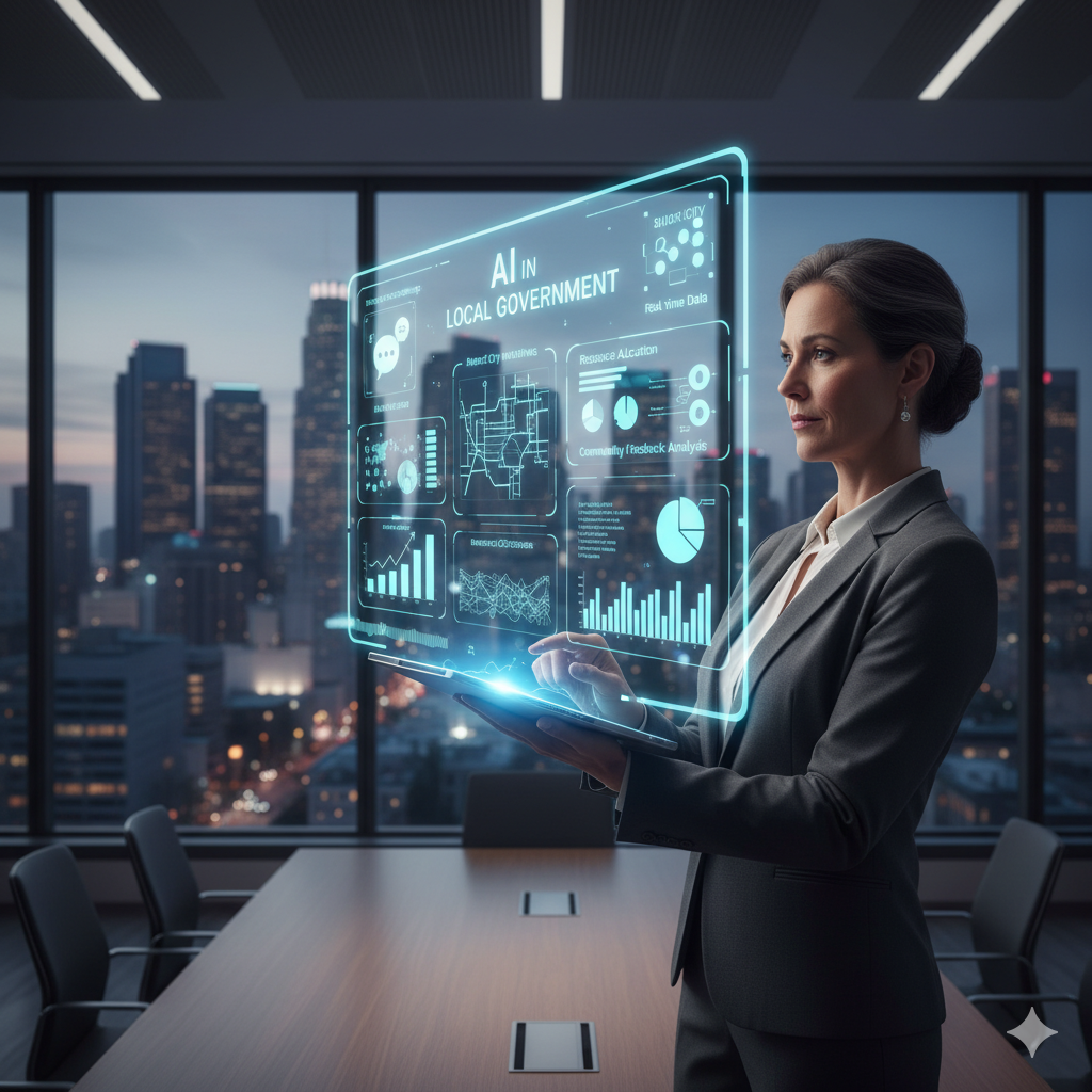 A professional woman in a suit stands in a modern office with a city skyline view at dusk. She is interacting with a glowing, transparent holographic display that shows "AI IN LOCAL GOVERNMENT" at the top, surrounded by various data visualizations, charts, and maps related to city management, resource allocation, and community feedback analysis.