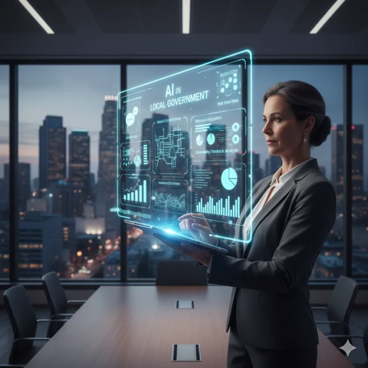 A professional woman in a suit stands in a modern office with a city skyline view at dusk. She is interacting with a glowing, transparent holographic display that shows "AI IN LOCAL GOVERNMENT" at the top, surrounded by various data visualizations, charts, and maps related to city management, resource allocation, and community feedback analysis.