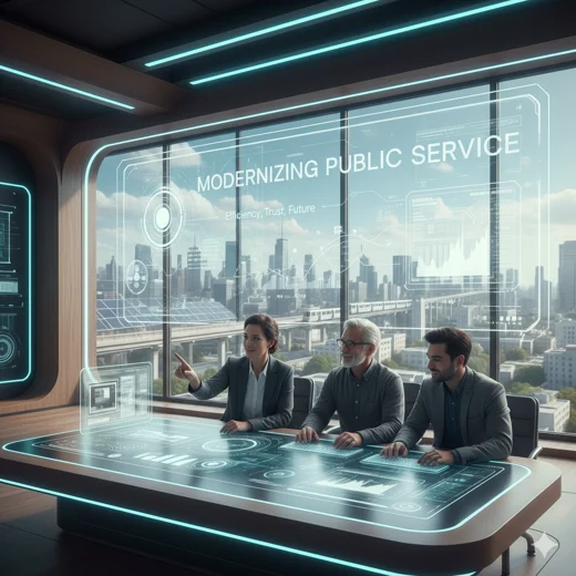 A group of professionals discussing data in a modern office with transparent screens displaying charts and the text "MODERNIZING PUBLIC SERVICE