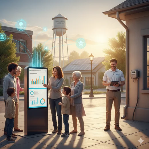 A diverse group of residents, including families and seniors, interact with a modern digital utility dashboard showing graphs and data in a suburban setting. In the background, a utility worker stands near a house with a smart meter, and a water tower with "Springfield Utilities" is visible. Glowing icons representing smart technology and sustainability float above the scene, symbolizing advanced and transparent utility management.