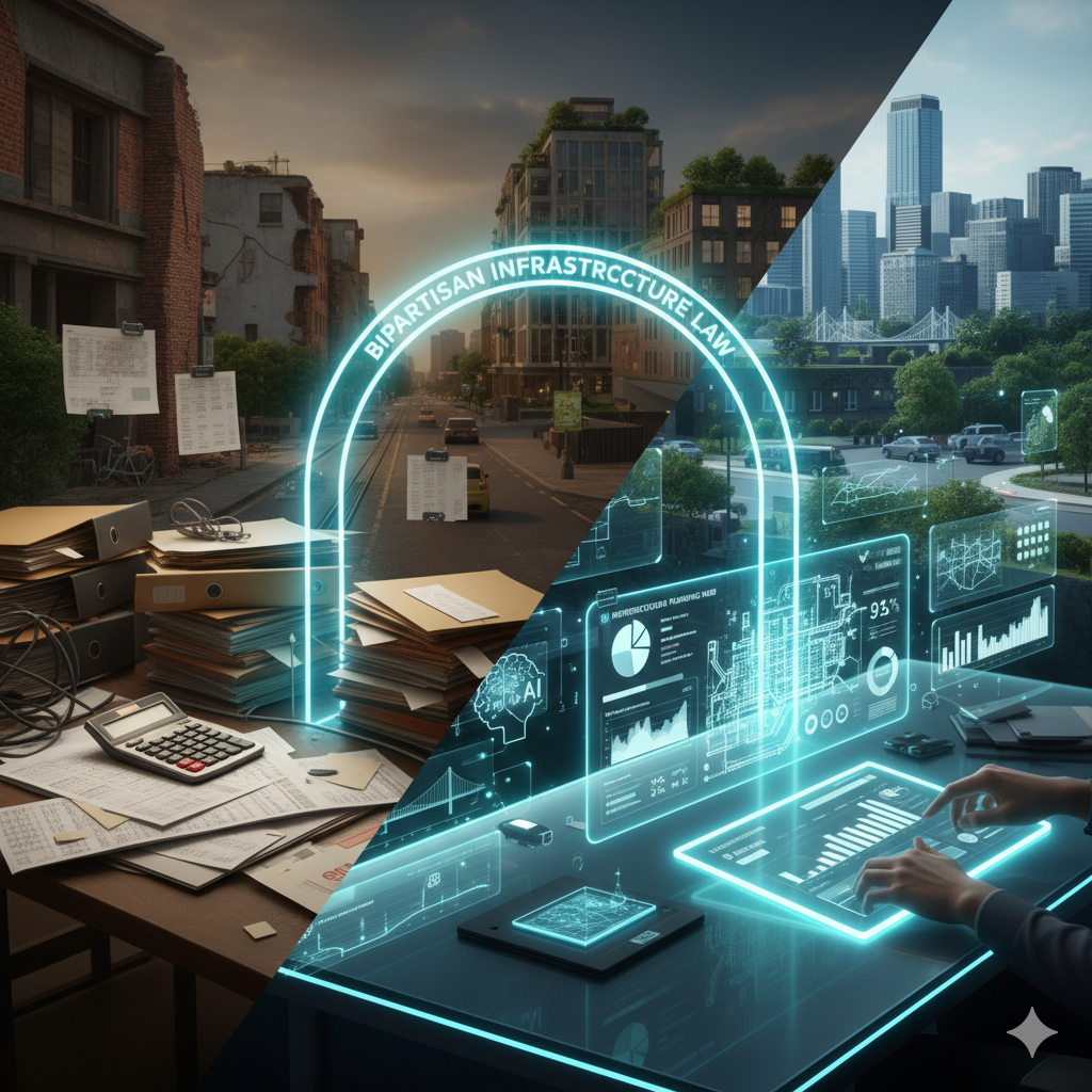 A split image showing the contrast between old and new infrastructure funding methods. On the left, a cluttered desk with piles of paper and a calculator symbolizes traditional, manual tracking. On the right, a modern, minimalist desk with glowing holographic screens and data visualizations represents advanced technology solutions. In the background, a decaying urban street transitions into a vibrant, modern city, with a neon arc labeled 